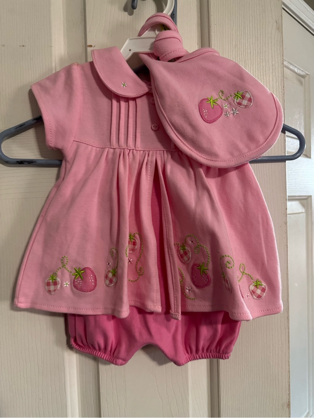 Vintage Pink Strawberry Embroidered Baby One-Piece Set